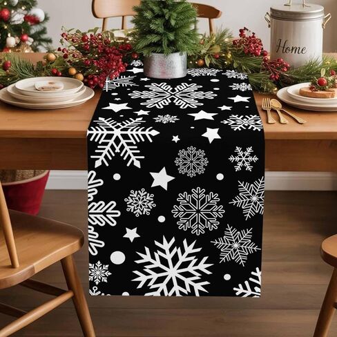 Table Runners 90 inches Long, Christmas White Snowflake Black Background Table Runner Farmhouse Dresser Scarves,Decortaive Table Runner Cover for Dining Coffee Table Holiday Party Wedding in Kuwait