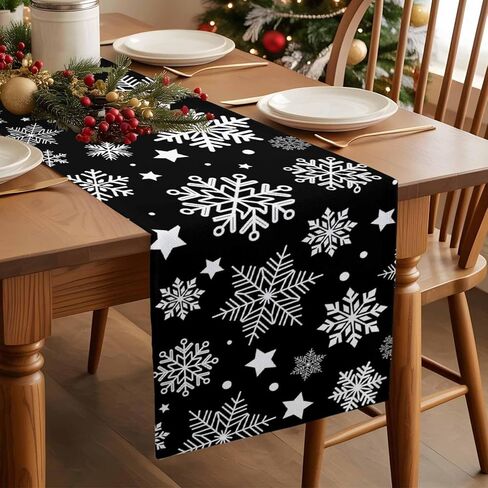 Table Runners 90 inches Long, Christmas White Snowflake Black Background Table Runner Farmhouse Dresser Scarves,Decortaive Table Runner Cover for Dining Coffee Table Holiday Party Wedding in Kuwait