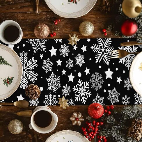 Table Runners 90 inches Long, Christmas White Snowflake Black Background Table Runner Farmhouse Dresser Scarves,Decortaive Table Runner Cover for Dining Coffee Table Holiday Party Wedding in Kuwait