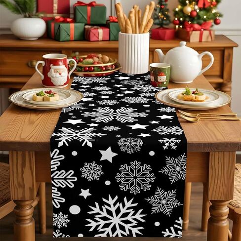 Table Runners 90 inches Long, Christmas White Snowflake Black Background Table Runner Farmhouse Dresser Scarves,Decortaive Table Runner Cover for Dining Coffee Table Holiday Party Wedding in Kuwait