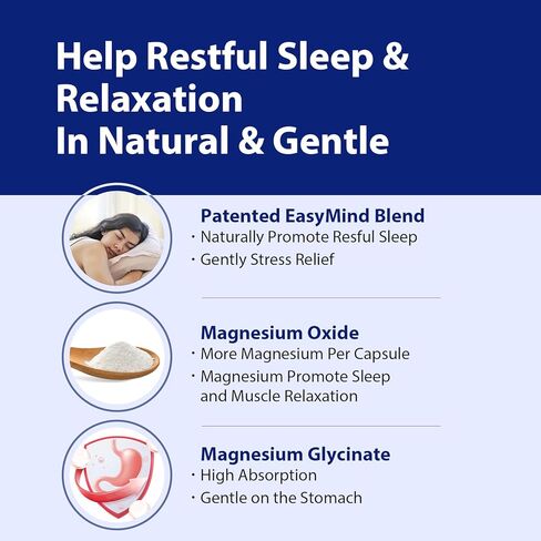 أكسيد المغنيسيوم والجليسينات قوة إضافية، مكمل طبيعي للمساعدة على النوم إيزي مايند، عالي الامتصاص، نوم مريح واسترخاء، انخفاض الكورتيزول، طبيعي لطيف، خالي من الميلاتونين، 60 كبسولة in Kuwait
