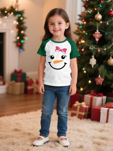 Toddler Christmas Shirts for Kids Cute Snowman Raglan T-Shirts Boys Girls Patchwork Xmas Holiday Tee in Saudi Arabia
