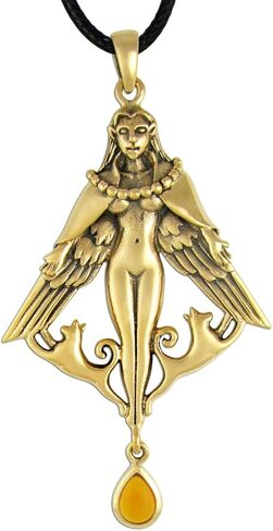 Dryad Design Bronze Freya Pendant with Amber Gemstone - Norse Goddess Freyja Jewelry 2 1/8 inches (5.4 cm) in Saudi Arabia