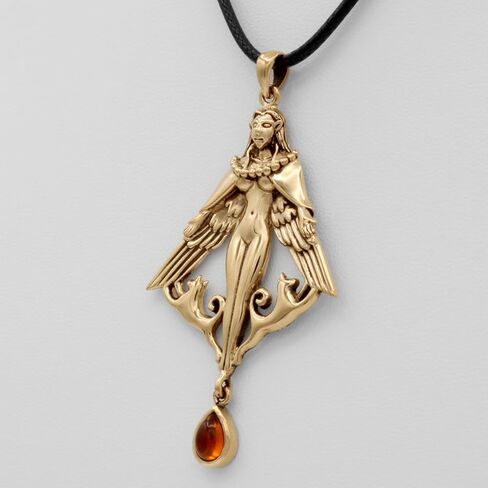 Dryad Design Bronze Freya Pendant with Amber Gemstone - Norse Goddess Freyja Jewelry 2 1/8 inches (5.4 cm) in Saudi Arabia