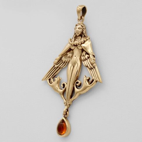 Dryad Design Bronze Freya Pendant with Amber Gemstone - Norse Goddess Freyja Jewelry 2 1/8 inches (5.4 cm) in Saudi Arabia