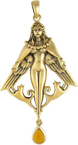 Dryad Design Bronze Freya Pendant with Amber Gemstone - Norse Goddess Freyja Jewelry 2 1/8 inches (5.4 cm) in Saudi Arabia