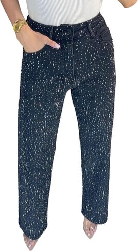 Sexyshine Women's Diamond Rhinestone Jeans High Waist Straight Wide Leg Stretchy Bling Denim Pants in Saudi Arabia
