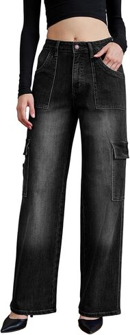 Menbnual Women's Cargo-Inspired Patch Pockets Jeans Long High Waisted 6 Pockets Straight Wide Leg Washed Denim in Saudi Arabia