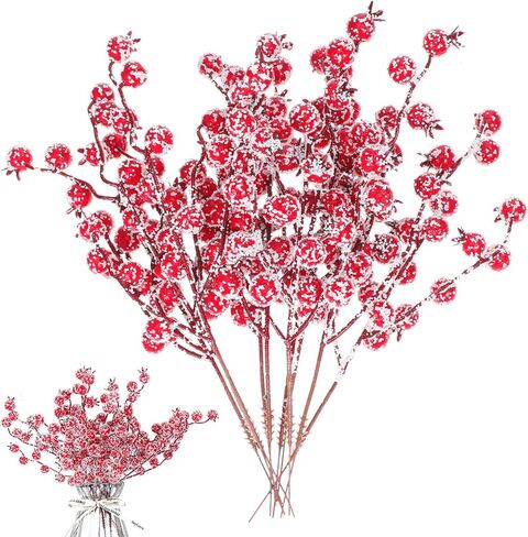 TEHAUX 10pcs Snow Frosted Red Berry Stems, Artificial Christmas Berry Picks10 Inch - Holly Branches Fillers for Banquet Wedding Xmas Tree, DIY Wreaths Winter Decorations (Red) in Saudi Arabia