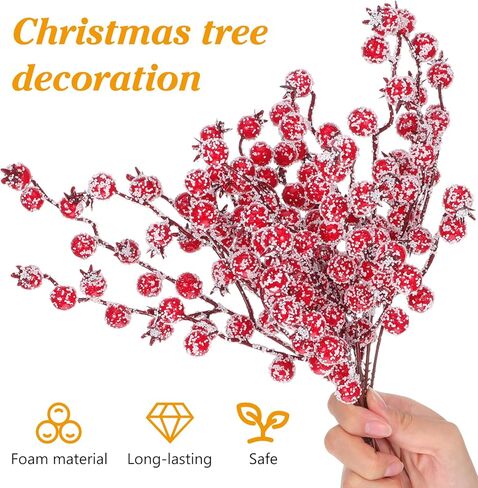 TEHAUX 10pcs Snow Frosted Red Berry Stems, Artificial Christmas Berry Picks10 Inch - Holly Branches Fillers for Banquet Wedding Xmas Tree, DIY Wreaths Winter Decorations (Red) in Saudi Arabia
