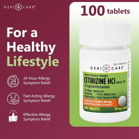 GeriCare Cetirizine HCI 10mg Antihistamine Tablets, 100 Count – 24 Hour Seasonal & Year-Round Allergy Relief for Indoor & Outdoor Allergies, Sneezing, Runny Nose, Itchy Eyes & Throat in Saudi Arabia