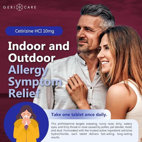 GeriCare Cetirizine HCI 10mg Antihistamine Tablets, 100 Count – 24 Hour Seasonal & Year-Round Allergy Relief for Indoor & Outdoor Allergies, Sneezing, Runny Nose, Itchy Eyes & Throat in Saudi Arabia
