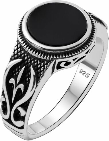 Genuine Solid 925 Sterling Silver Black Onyx Stone, Anatolian Motif Ring for Men in Saudi Arabia