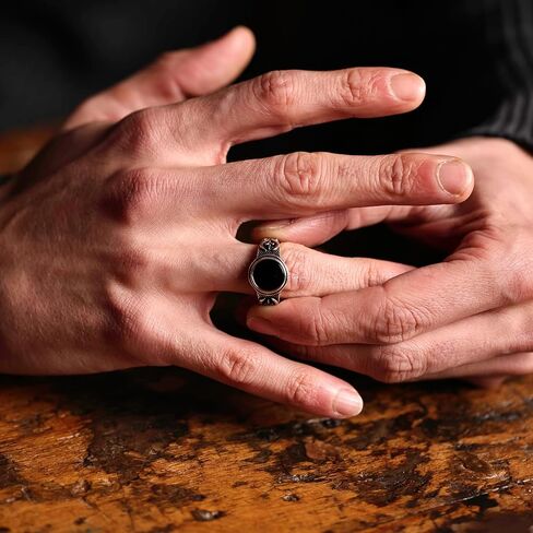 Genuine Solid 925 Sterling Silver Black Onyx Stone, Anatolian Motif Ring for Men in Saudi Arabia