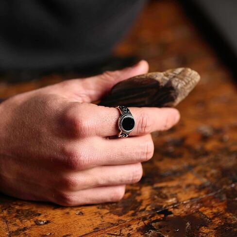Genuine Solid 925 Sterling Silver Black Onyx Stone, Anatolian Motif Ring for Men in Saudi Arabia