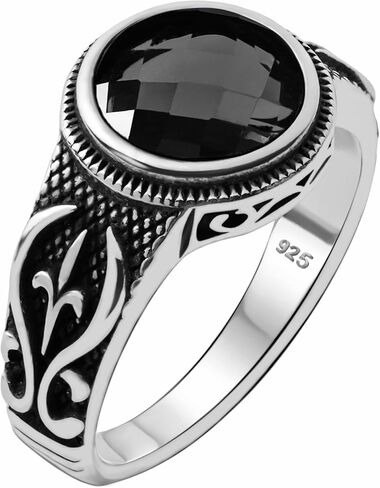 Genuine Solid 925 Sterling Silver Black Onyx Stone, Anatolian Motif Ring for Men in Saudi Arabia