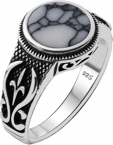 Genuine Solid 925 Sterling Silver Black Onyx Stone, Anatolian Motif Ring for Men in Saudi Arabia