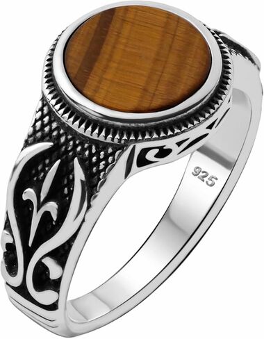 Genuine Solid 925 Sterling Silver Black Onyx Stone, Anatolian Motif Ring for Men in Saudi Arabia