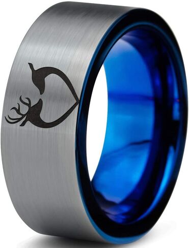 Hunter Celtic Spiritual Deer Antler Heart Ring - Tungsten Band 8mm - Men - Women - 18k Rose Gold Step Bevel Edge - Yellow - Grey - Blue - Black - Brushed - Polished - Wedding - Gift Dome Flat Cut in Saudi Arabia