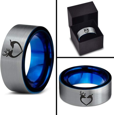 Hunter Celtic Spiritual Deer Antler Heart Ring - Tungsten Band 8mm - Men - Women - 18k Rose Gold Step Bevel Edge - Yellow - Grey - Blue - Black - Brushed - Polished - Wedding - Gift Dome Flat Cut in Saudi Arabia