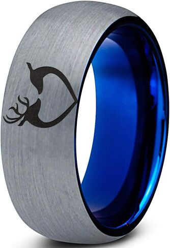 Hunter Celtic Spiritual Deer Antler Heart Ring - Tungsten Band 8mm - Men - Women - 18k Rose Gold Step Bevel Edge - Yellow - Grey - Blue - Black - Brushed - Polished - Wedding - Gift Dome Flat Cut in Saudi Arabia