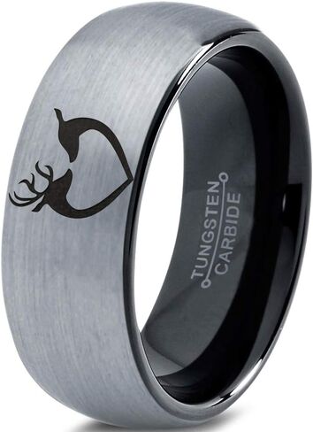 Hunter Celtic Spiritual Deer Antler Heart Ring - Tungsten Band 8mm - Men - Women - 18k Rose Gold Step Bevel Edge - Yellow - Grey - Blue - Black - Brushed - Polished - Wedding - Gift Dome Flat Cut in Saudi Arabia
