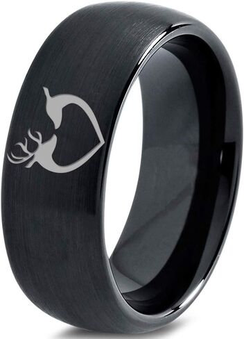 Hunter Celtic Spiritual Deer Antler Heart Ring - Tungsten Band 8mm - Men - Women - 18k Rose Gold Step Bevel Edge - Yellow - Grey - Blue - Black - Brushed - Polished - Wedding - Gift Dome Flat Cut in Saudi Arabia