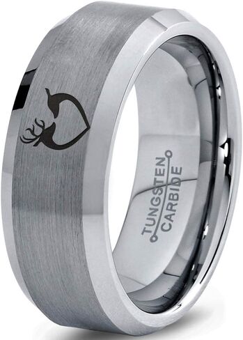 Hunter Celtic Spiritual Deer Antler Heart Ring - Tungsten Band 8mm - Men - Women - 18k Rose Gold Step Bevel Edge - Yellow - Grey - Blue - Black - Brushed - Polished - Wedding - Gift Dome Flat Cut in Saudi Arabia