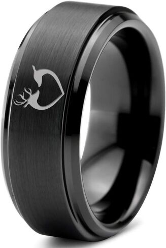 Hunter Celtic Spiritual Deer Antler Heart Ring - Tungsten Band 8mm - Men - Women - 18k Rose Gold Step Bevel Edge - Yellow - Grey - Blue - Black - Brushed - Polished - Wedding - Gift Dome Flat Cut in Saudi Arabia