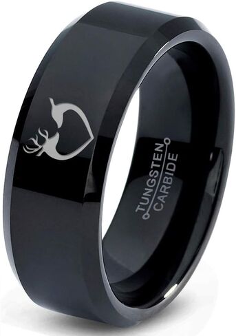 Hunter Celtic Spiritual Deer Antler Heart Ring - Tungsten Band 8mm - Men - Women - 18k Rose Gold Step Bevel Edge - Yellow - Grey - Blue - Black - Brushed - Polished - Wedding - Gift Dome Flat Cut in Saudi Arabia