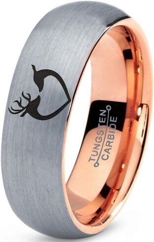 Hunter Celtic Spiritual Deer Antler Heart Ring - Tungsten Band 8mm - Men - Women - 18k Rose Gold Step Bevel Edge - Yellow - Grey - Blue - Black - Brushed - Polished - Wedding - Gift Dome Flat Cut in Saudi Arabia