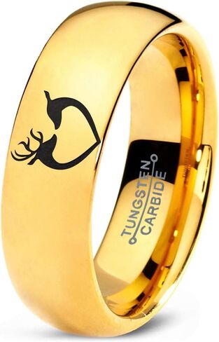 Hunter Celtic Spiritual Deer Antler Heart Ring - Tungsten Band 8mm - Men - Women - 18k Rose Gold Step Bevel Edge - Yellow - Grey - Blue - Black - Brushed - Polished - Wedding - Gift Dome Flat Cut in Saudi Arabia