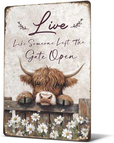 علامة Heuhuww Highland Cow المعدنية - عش مثل شخص ترك البوابة المفتوحة ديكور حيوانات المزرعة العتيق للمنزل والمكتب والحمام وهدايا بقرة المرتفعات 30.48 سم × 20.32 سم (H17) in Kuwait