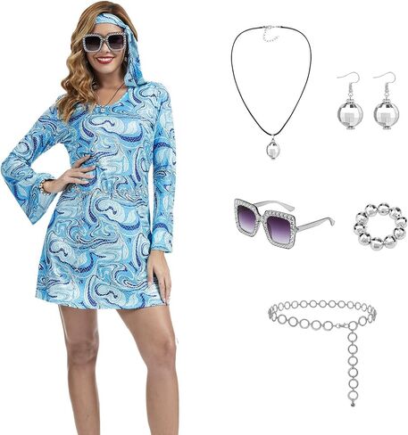 70s Disco Outfits for Women, 7 Pcs 60s Outfits Hippie Costume Women Accessories Jewelry Prom Bling Dress in Saudi Arabia