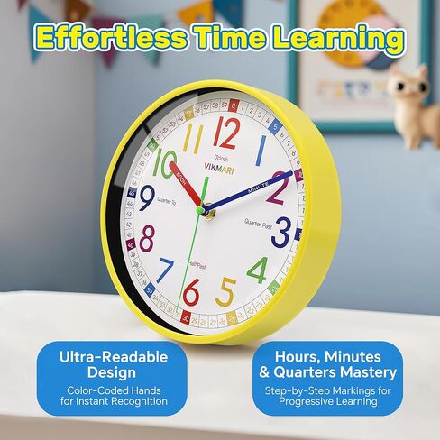VIKMARI Learning Clock for Kids - Small Silent Non-Ticking Colorful Teaching Clocks Telling The Time for Teaching Time-Decorative Clocks for Kids Room Classroom School Playroom (8 Inch) in Saudi Arabia
