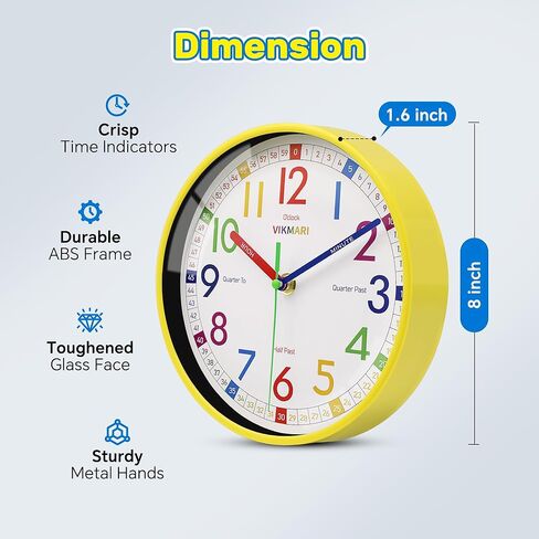 VIKMARI Learning Clock for Kids - Small Silent Non-Ticking Colorful Teaching Clocks Telling The Time for Teaching Time-Decorative Clocks for Kids Room Classroom School Playroom (8 Inch) in Saudi Arabia