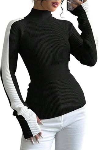 Verdusa Women's Striped Sweater Ribbed Knit Color Block Sweater High Neck Long Sleeve Fitted Pullovers in Saudi Arabia
