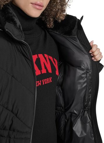 معطف منتفخ للسيدات من DKNY بطول المشي مع غطاء رأس ورباط داخلي قابل للتعديل - سترة شتوية طويلة مبطنة in Kuwait