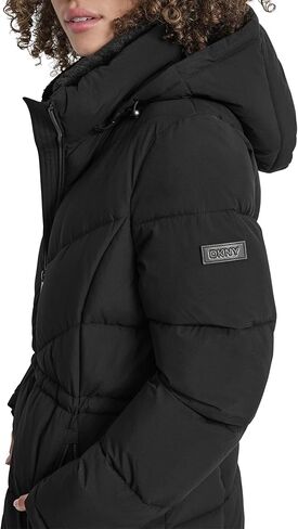 معطف منتفخ للسيدات من DKNY بطول المشي مع غطاء رأس ورباط داخلي قابل للتعديل - سترة شتوية طويلة مبطنة in Kuwait