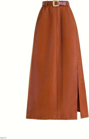 A Brown Corduroy Skirt for Women, with a high Waist and a Side-Slit Belt, is Elegant and Fashionable in Saudi Arabia
