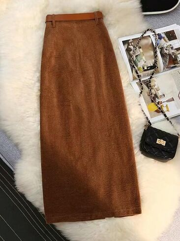 A Brown Corduroy Skirt for Women, with a high Waist and a Side-Slit Belt, is Elegant and Fashionable in Saudi Arabia
