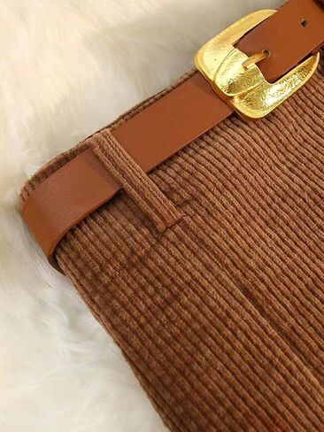 A Brown Corduroy Skirt for Women, with a high Waist and a Side-Slit Belt, is Elegant and Fashionable in Saudi Arabia
