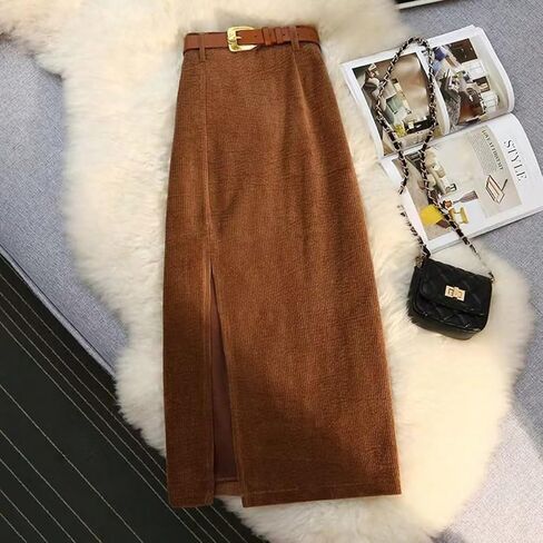 A Brown Corduroy Skirt for Women, with a high Waist and a Side-Slit Belt, is Elegant and Fashionable in Saudi Arabia