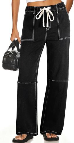 Sidefeel Women's Wide Leg Jeans High Waisted Elastic Stretchy Straight Leg Trendy Drawstring Baggy Pull On Denim Pants in Saudi Arabia