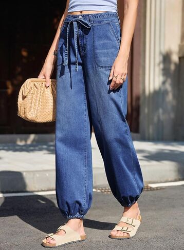 Sidefeel Women's Wide Leg Jeans High Waisted Drawstring Baggy Stretchy Trendy Harem Loose Ankle Denim Pants in Saudi Arabia
