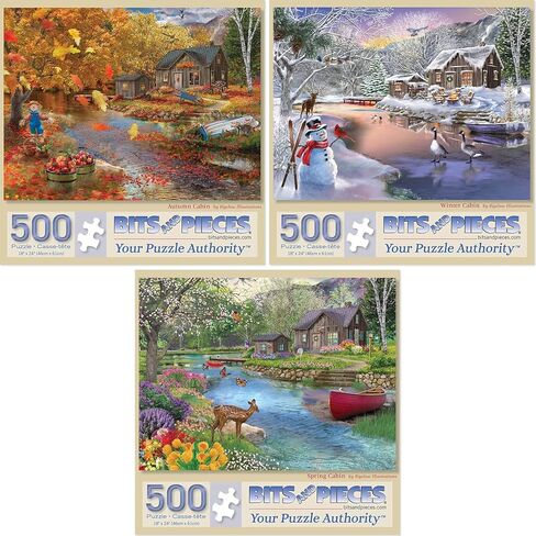 Bits and Pieces - Value Set of Three (3) 1000 Piece Jigsaw Puzzles for Adults - Puzzles Measures 20" x 27" (50.8 cm x 68.6 cm) - 1000 pc Autumn, Spring, Winter Cabin Jigsaws by Bigelow Illustrations in Saudi Arabia