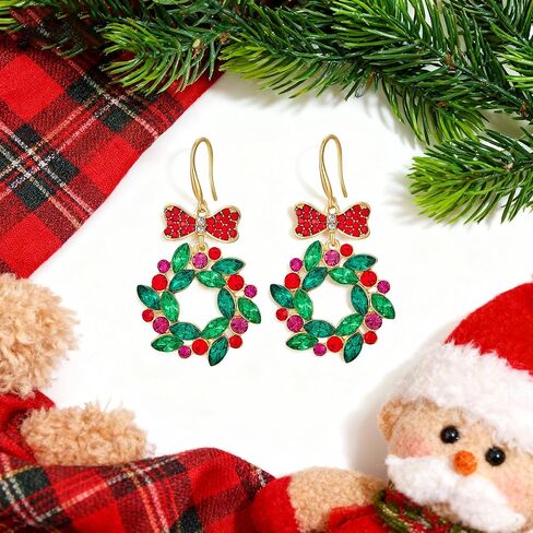 أقراط عيد الميلاد المتلألئة للنساء: أقراط متدلية أنيقة من الذهب والأحمر على شكل فيونكة، هدية مجوهرات لحفلات العطلات لا تسبب الحساسية لعيد الميلاد ورأس السنة الجديدة in Kuwait