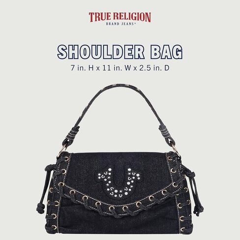 حقيبة يد من قماش الدنيم مرصعة على شكل حدوة حصان من True Religion، حقيبة كتف كروس، باللون الأسود in Saudi Arabia