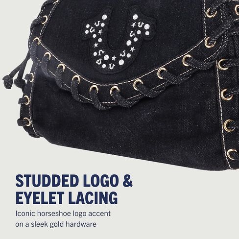 حقيبة يد من قماش الدنيم مرصعة على شكل حدوة حصان من True Religion، حقيبة كتف كروس، باللون الأسود in Saudi Arabia