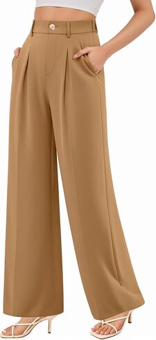 Women's High Waisted Wide Leg Pants - Business Casual Work Trousers for Office, Regular Fit in Saudi Arabia